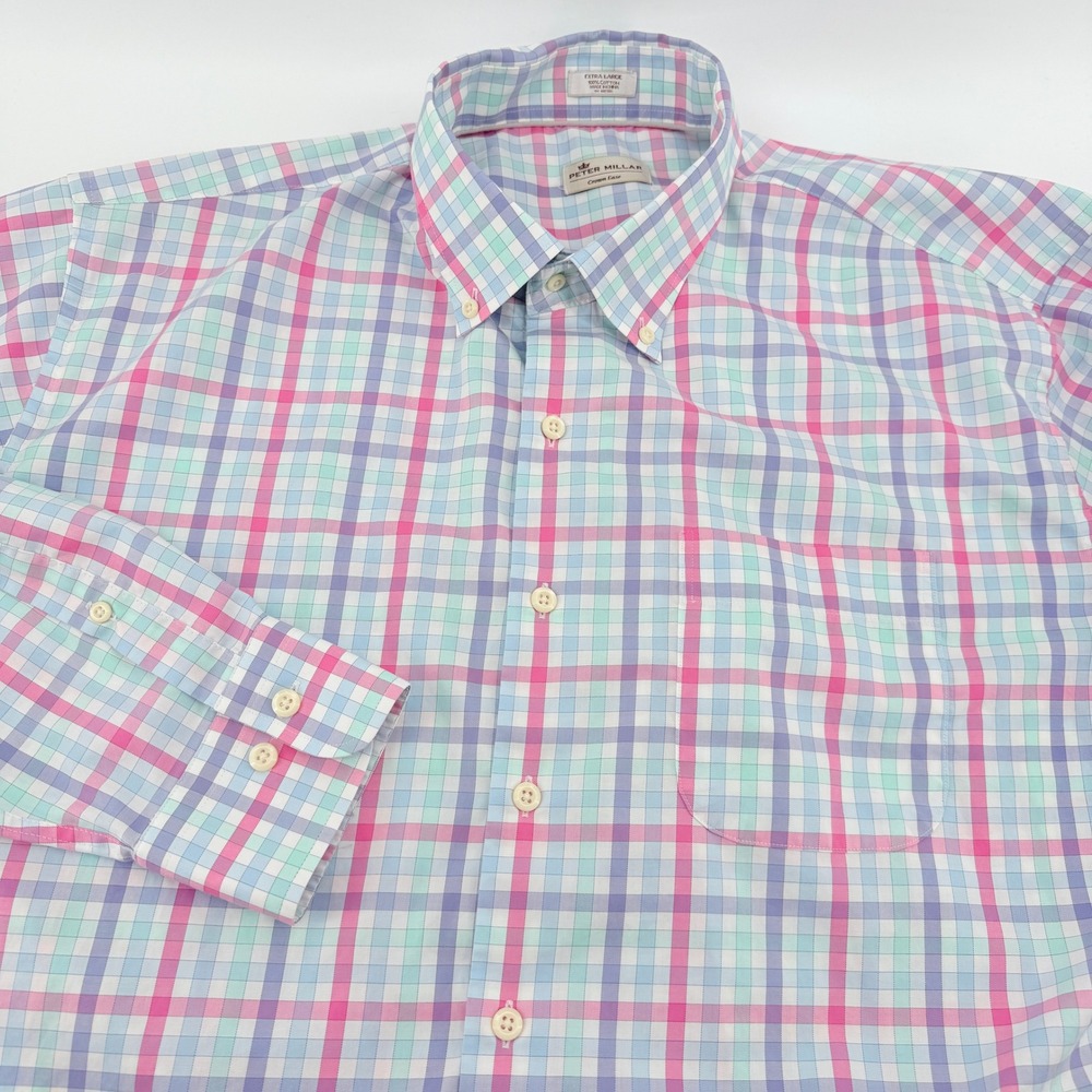 Peter Millar Crown Ease Button Down Shirt Mens XL Cotton Plaid Pink Teal Purple